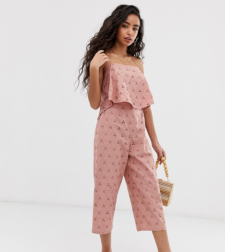 ASOS DESIGN Petite jumpsuit with crop top layer in broderie