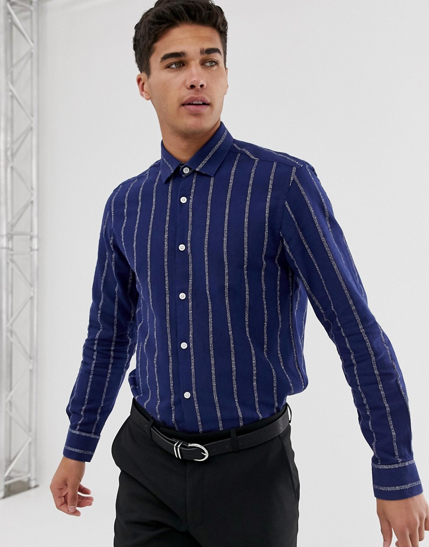 Moss London skinny fit shirt with linen mix stripe in navy