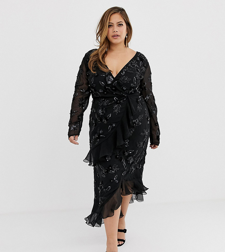 Virgos Lounge Plus floral embellished wrap front ruffle asymmetric midi dress in black