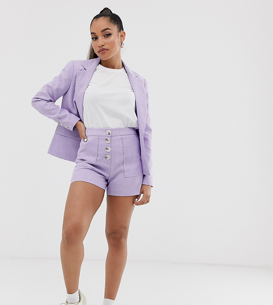 Miss Selfridge Petite tailored shorts with button detail in lilac