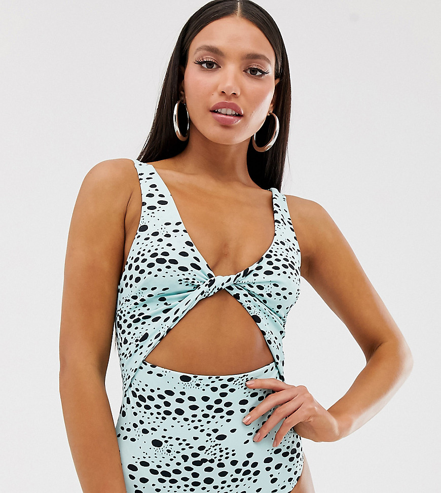 ASOS DESIGN tall twist front cut out swimsuit in teal irregular spot print