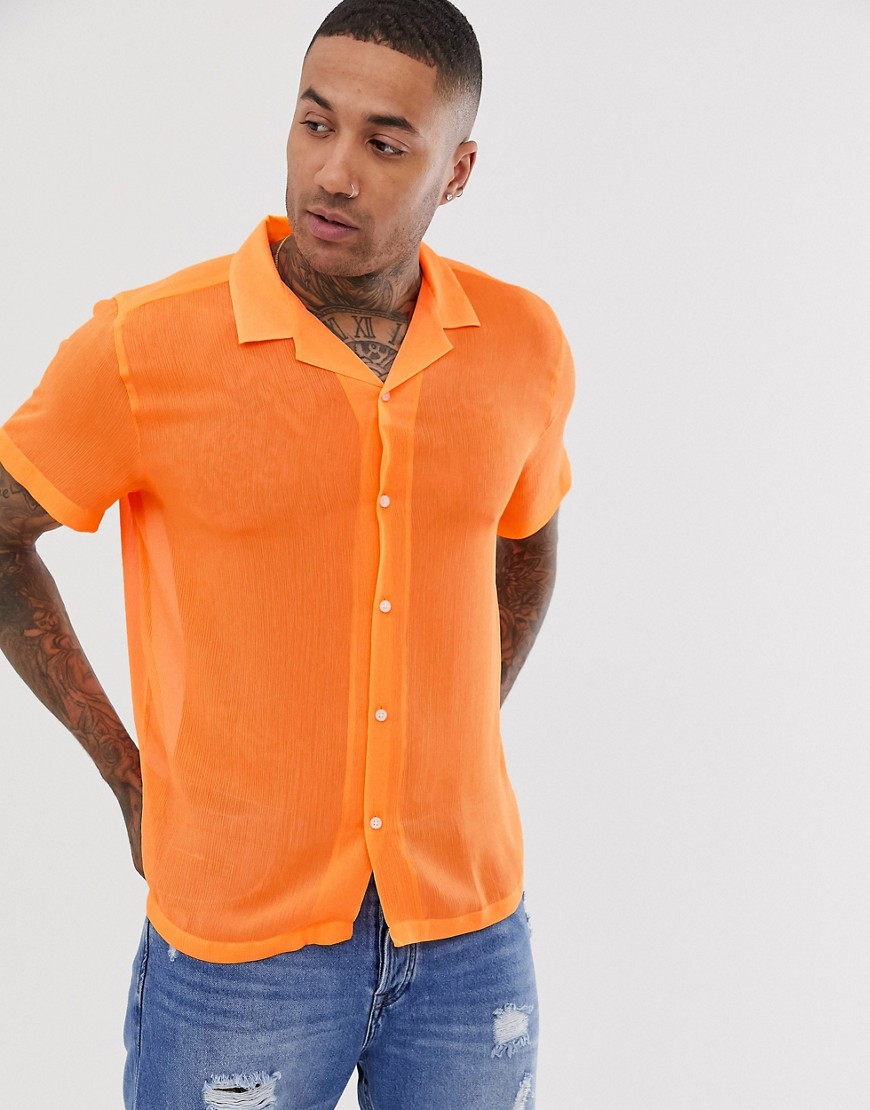 Asos Design Relaxed Fit Revere Collar Sheer Shirt In Neon Orange | ModeSens
