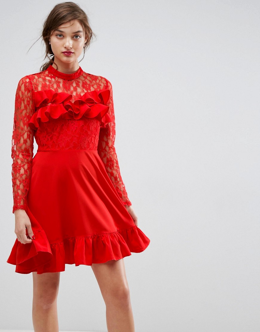 Asos Design Asos Lace & Ruffle Mini Dress-red