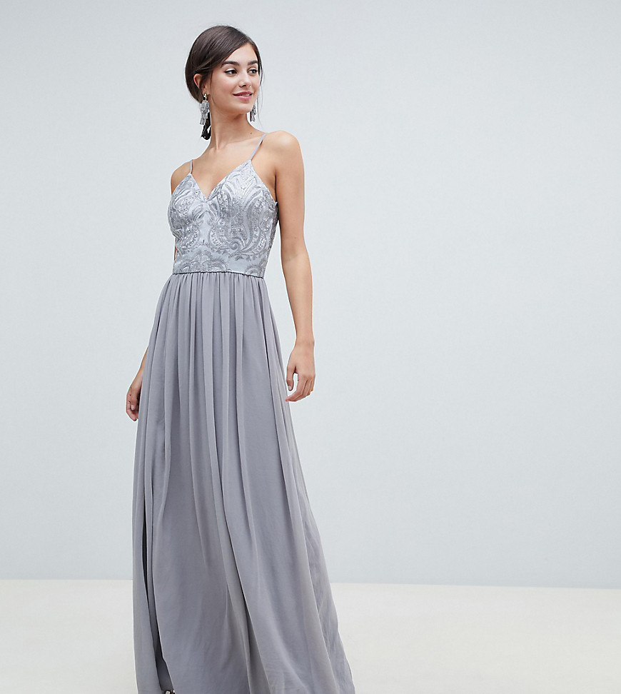 Chi Chi London Tall cami strap embellished maxi dress in grey