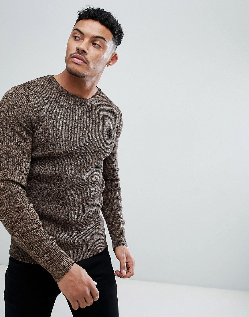 ASOS DESIGN muscle fit ribbed jumper in tan twist