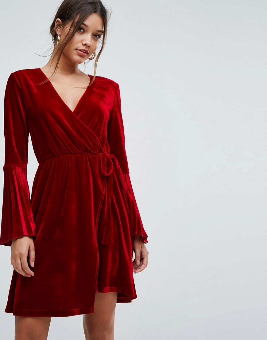 Aeryne Velvet Wrap Dress with Pleated Sleeves - Deep red
