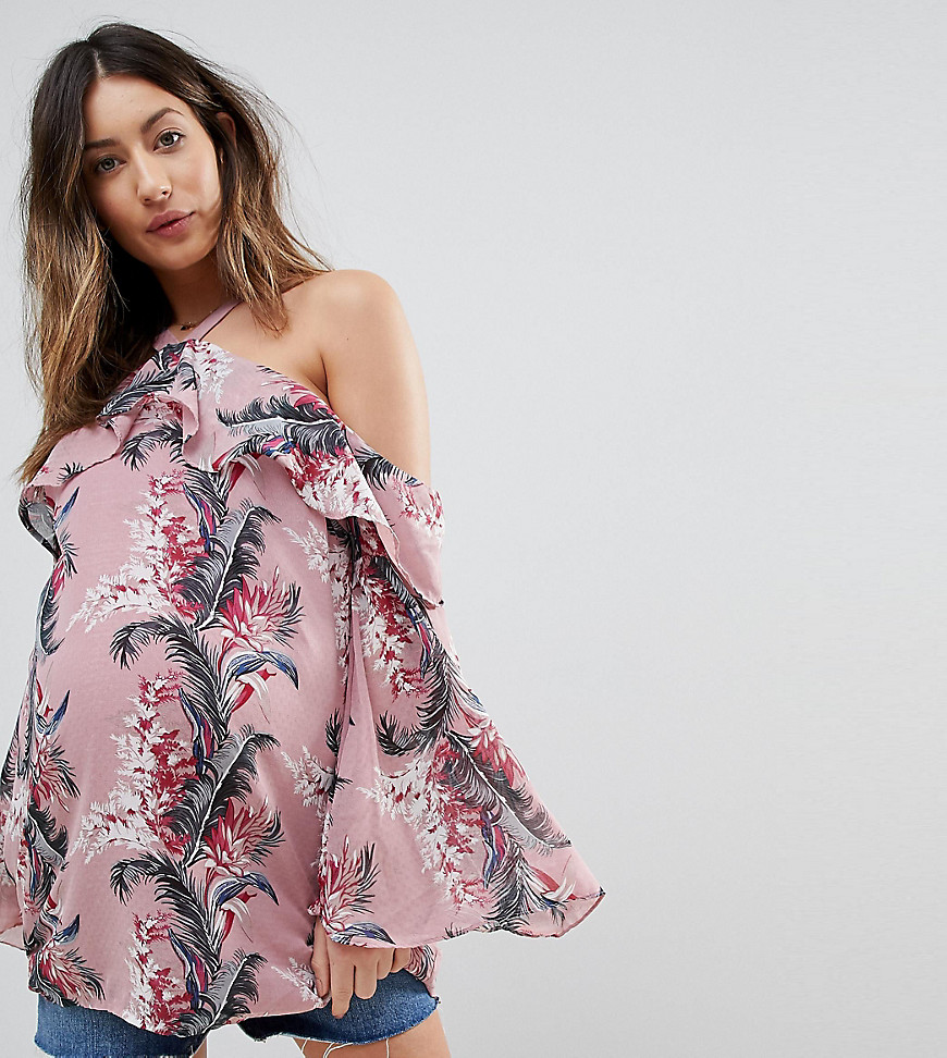 Glamorous Bloom Cold Shoulder Top With Ruffle Layer In Palm Floral