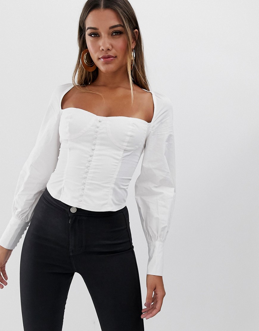 Club L London square neck button through shirt with balloon sleeves in white