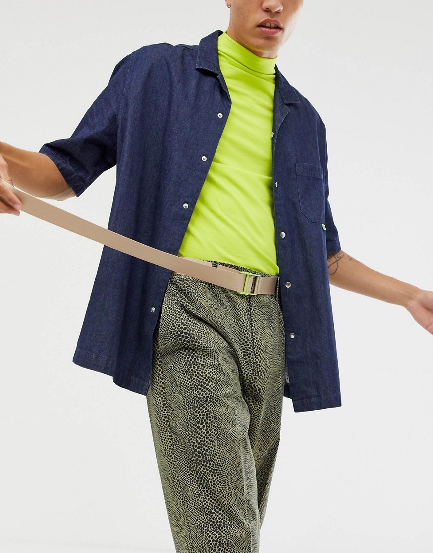 Asos Design Slim Long Ended Belt In Beige With Neon Buckle