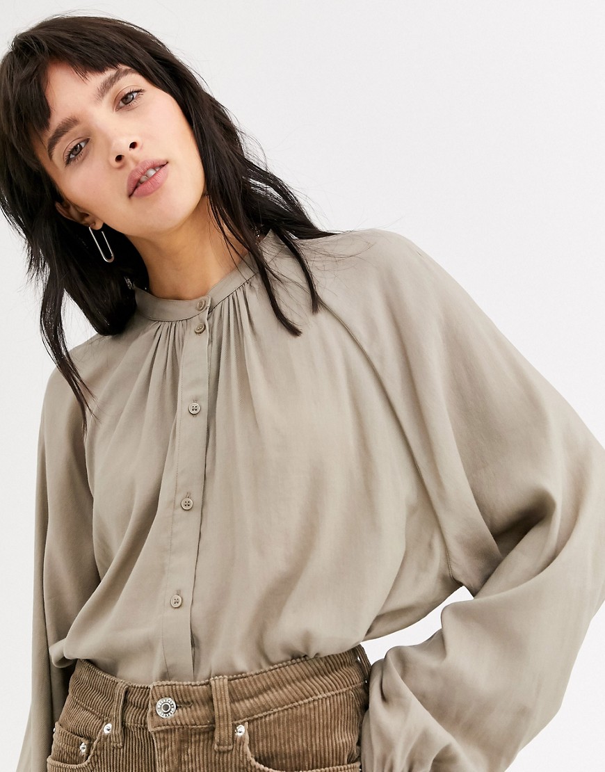 Weekday button through balloon sleeve blouse in taupe grey
