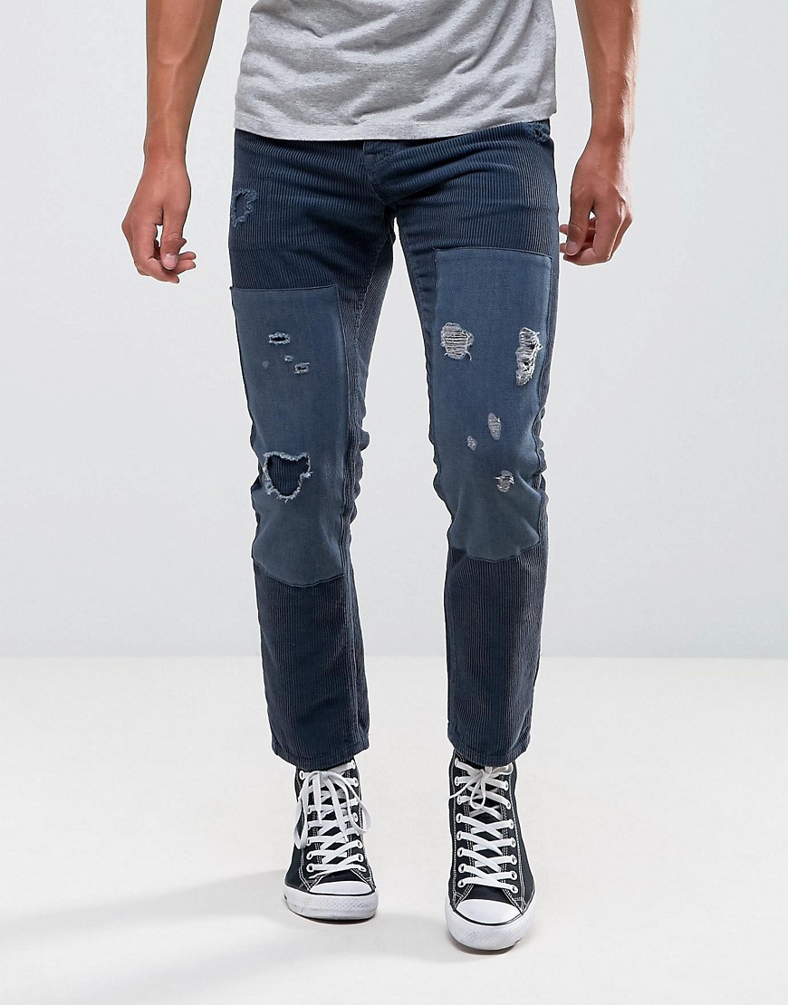 Asos Design Asos Slim Jeans In Blue Cord With Rips And Patches - Blue