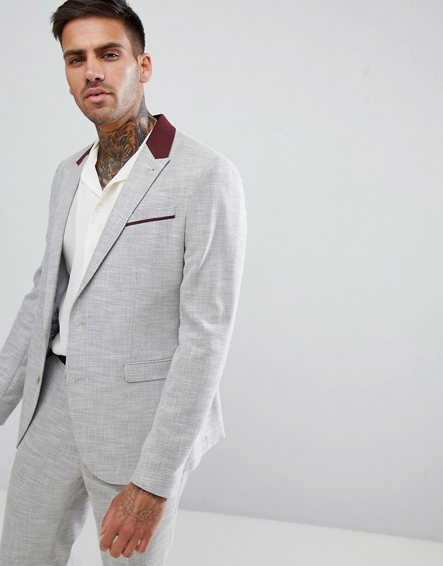 ASOS DESIGN skinny suit jacket in light grey texture with floral lining