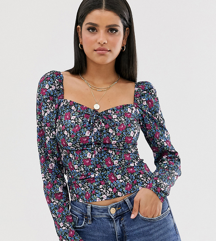 Fashion Union Tall square neck blouse with tie front in floral print