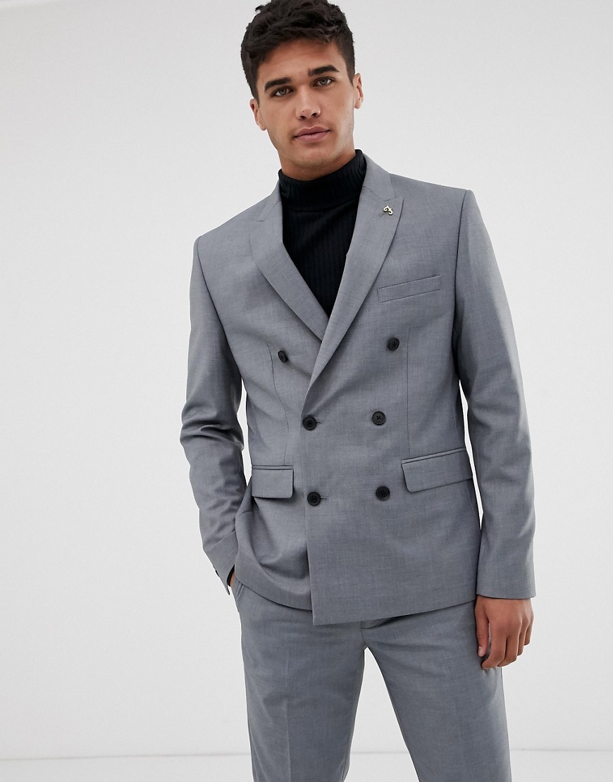 Farah Henderson skinny fit double breasted suit jacket in grey