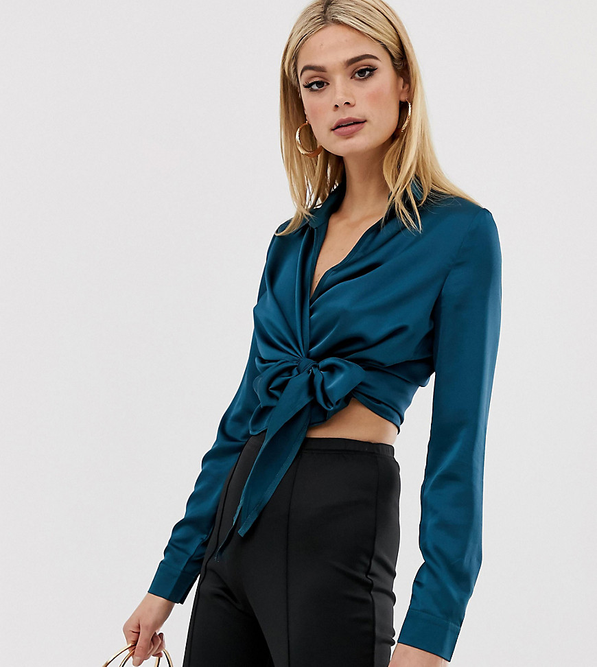Missguided Tall satin wrap front side tie top in teal