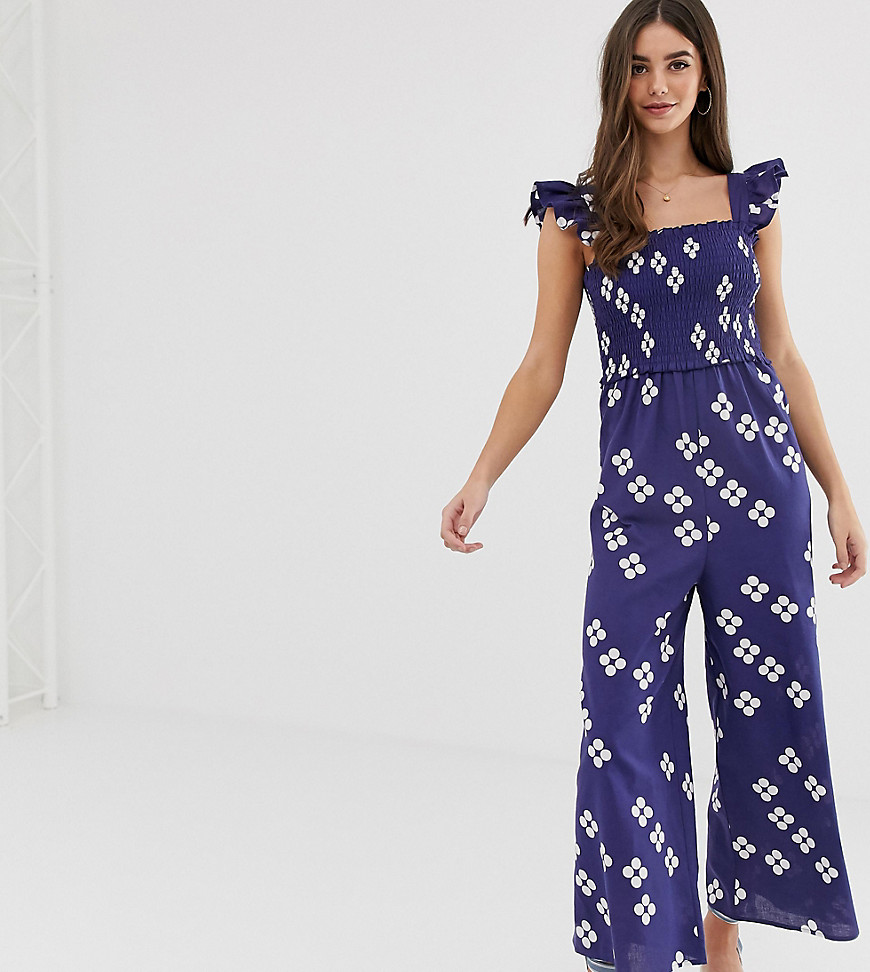 ASOS DESIGN tall shirred frill sleeve jumpsuit in spot print