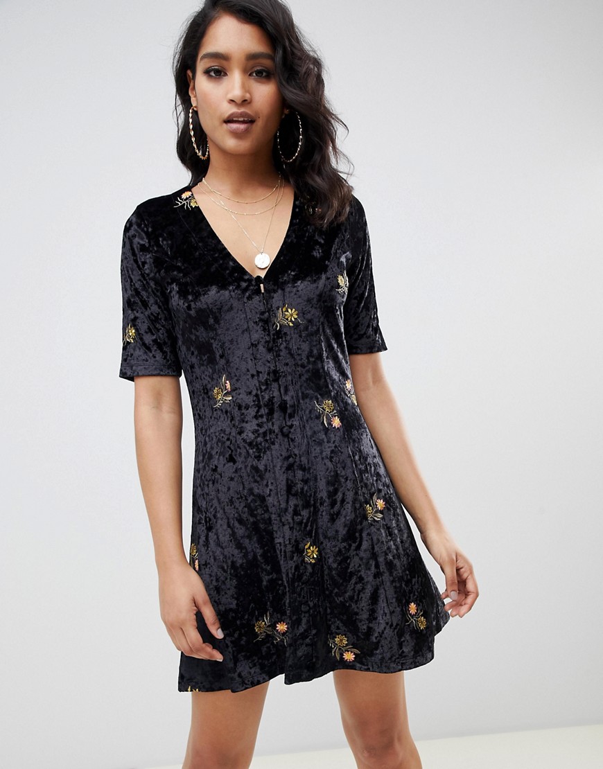 Asos Design Embroidered Velvet Button Through Tea Dress-black