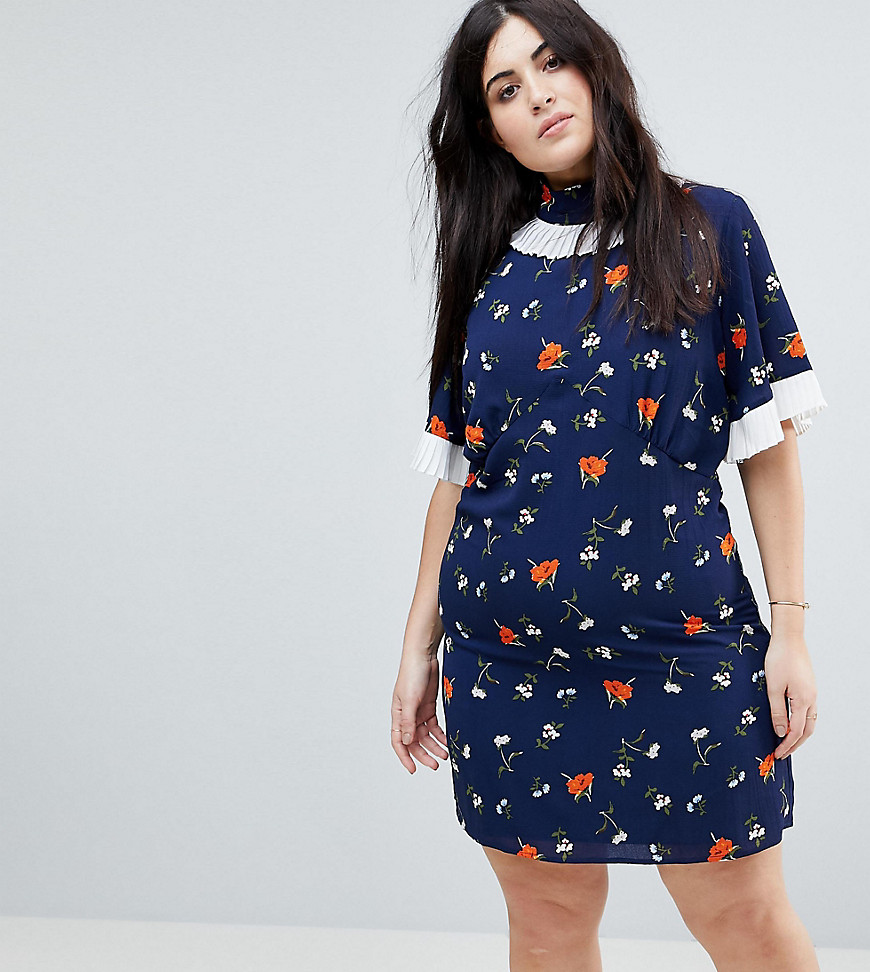 Fashion Union Plus Shift Dress With Chiffon Sleeve And Collar Layer In Floral Folk Print