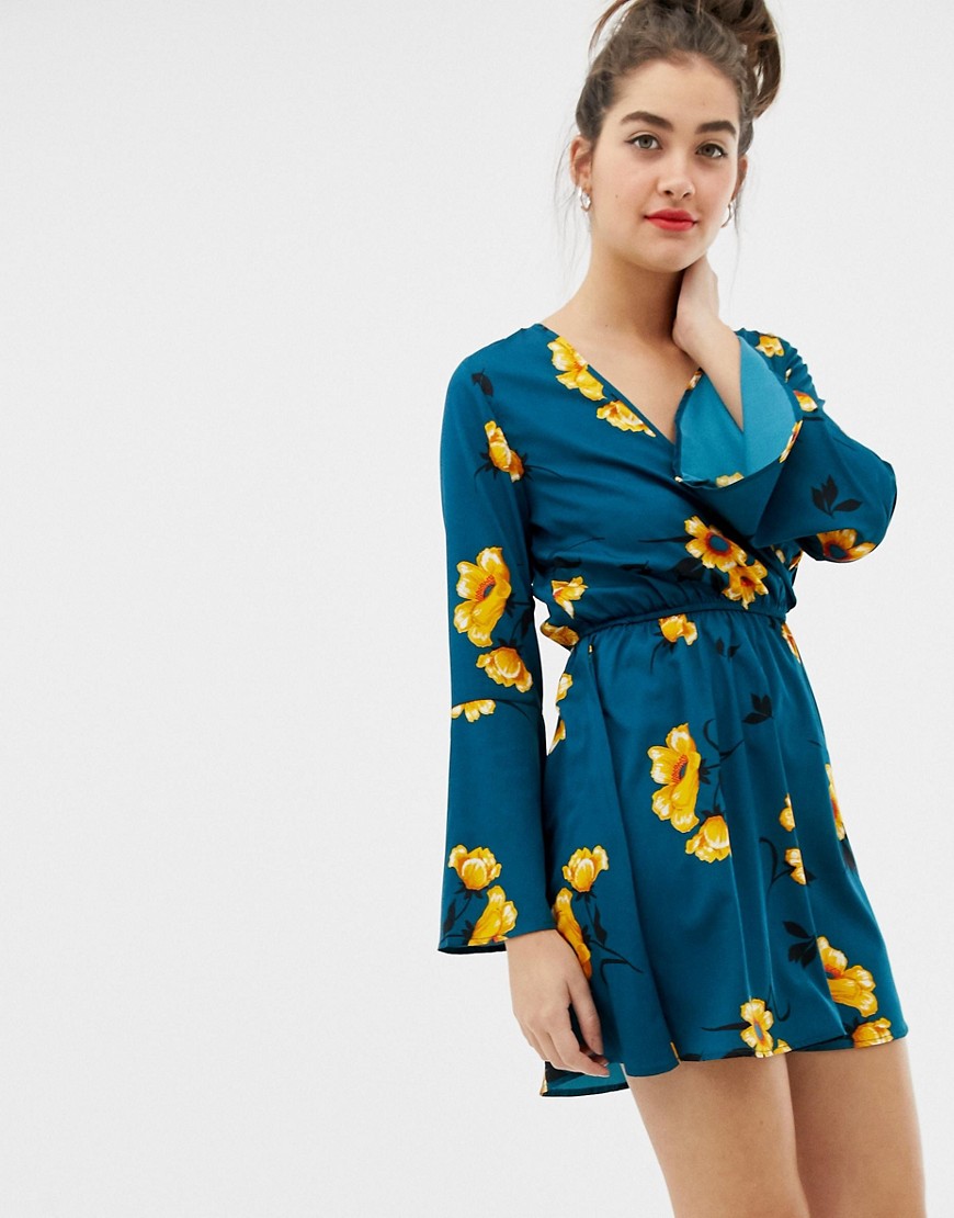 Influence flared sleeve wrap floral print dress