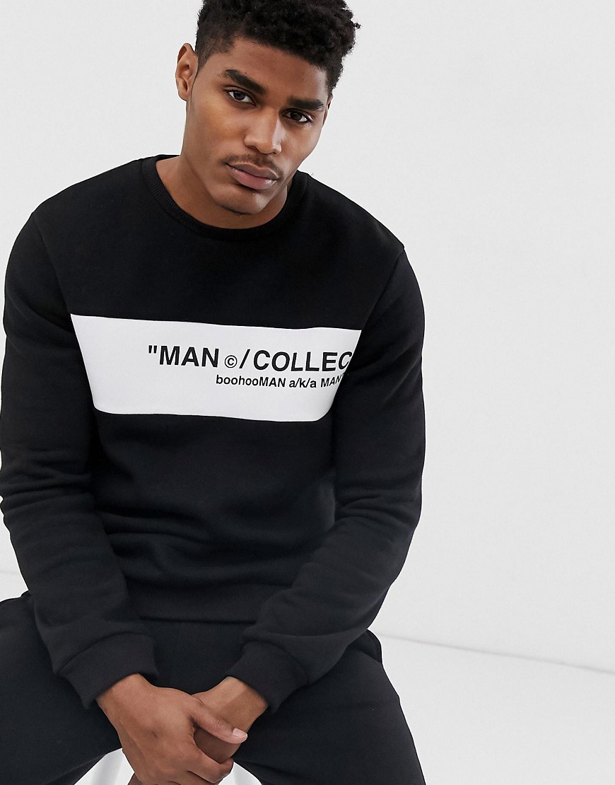 boohooMAN sweat with contrast panel in black