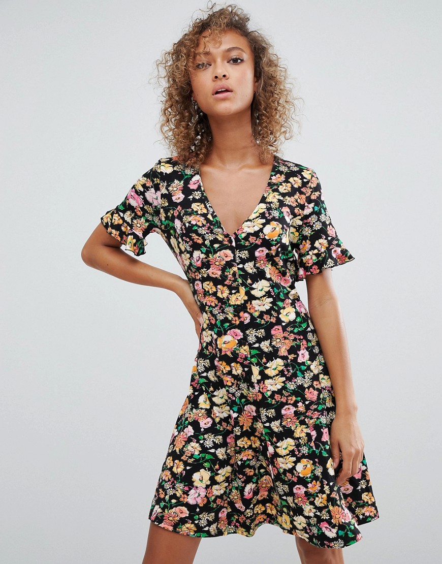ASOS DESIGN button through tea dress with frill sleeve in summer floral print