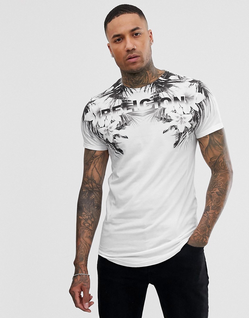 Religion curved hem t-shirt with floral print in white