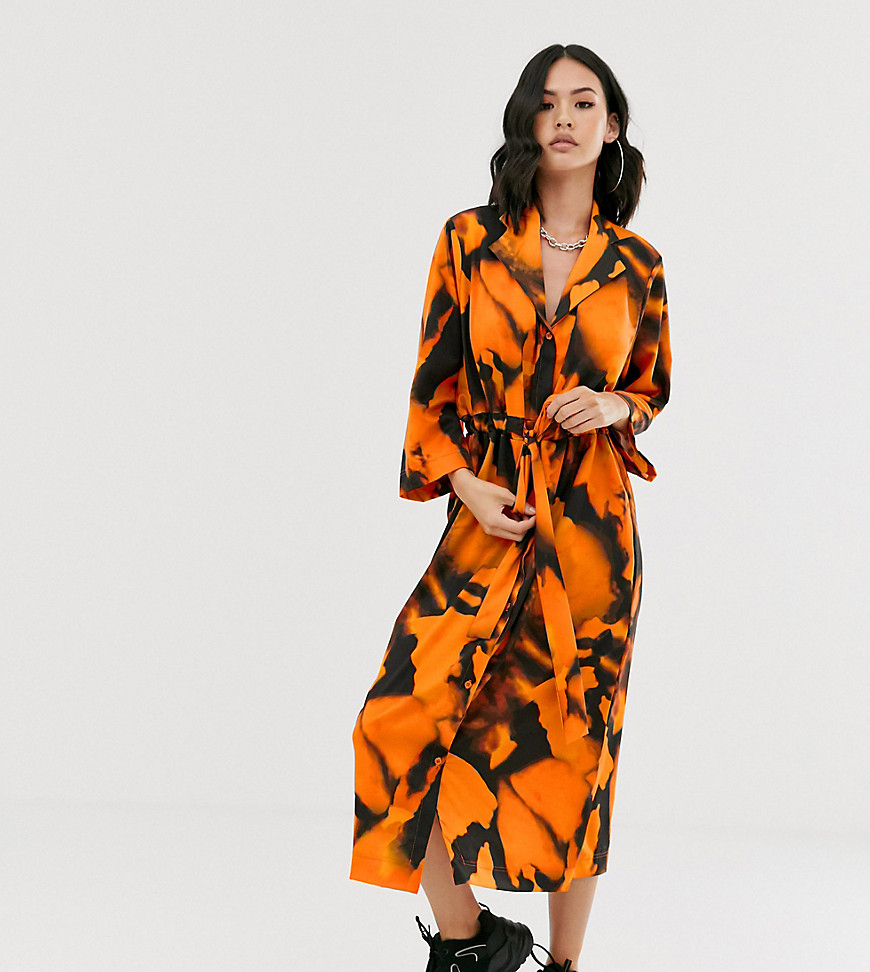 Another Reason slouch shirt dress with drawstring waist in blur print