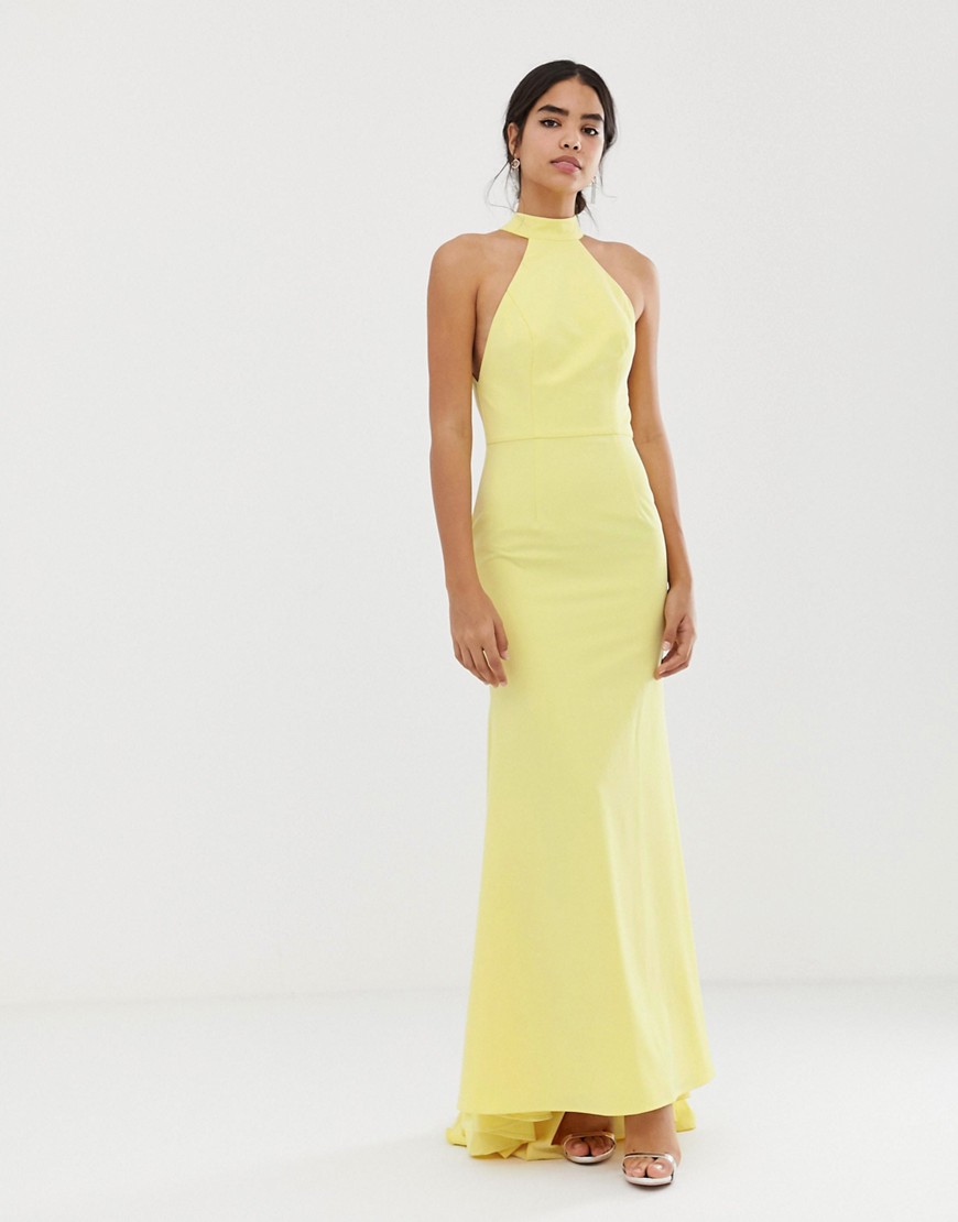 Jarlo High Neck Trophy Maxi Dress With Open Back Detail In Lemon-yellow