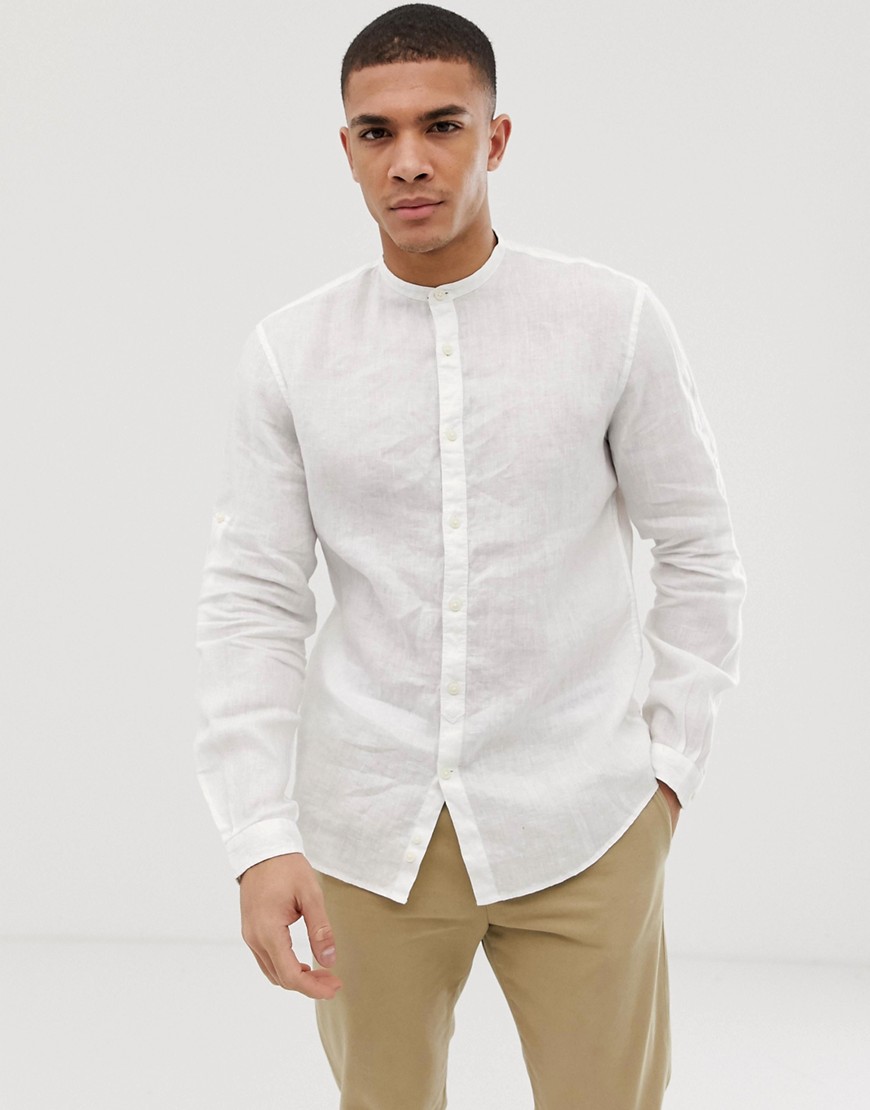 Celio slim fit long sleeve linen shirt with granddad collar in white