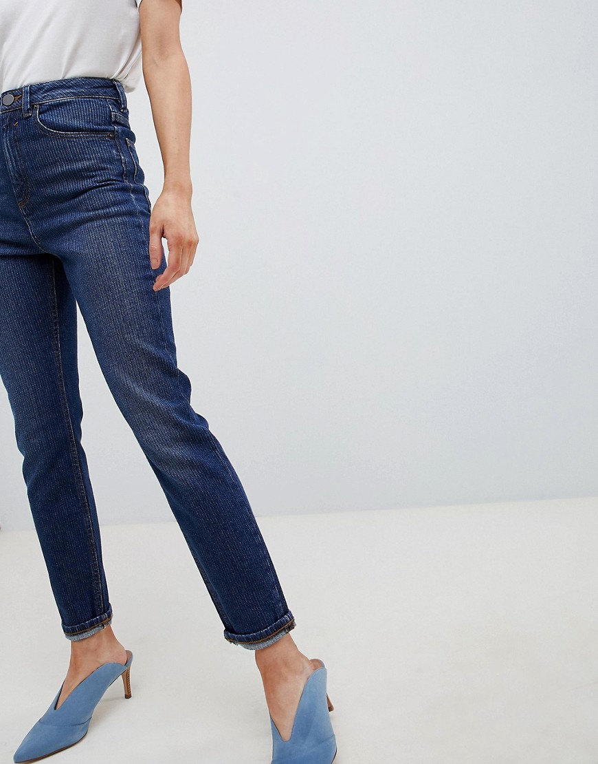 Asos Design High Rise Farleigh 'slim' Mom Jeans In Dark Wash Textured Stripe-blues