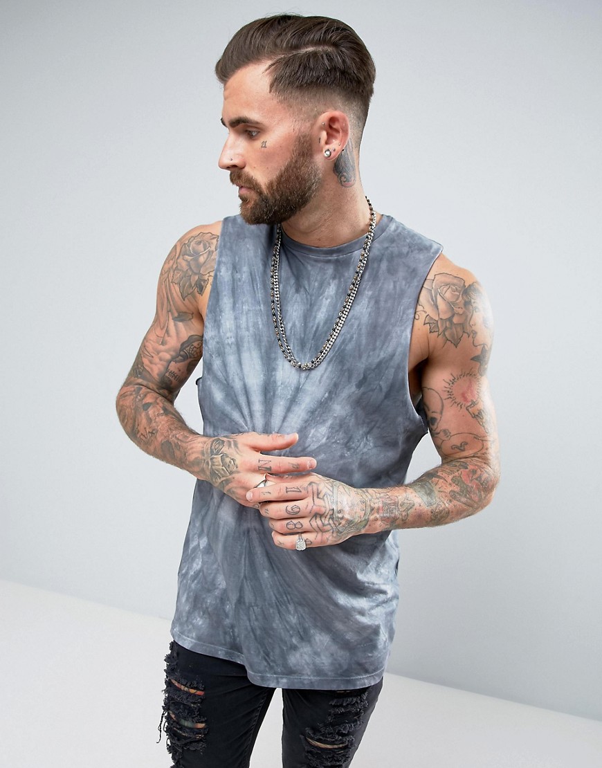 ASOS Sleeveless T-Shirt With Dropped Armhole With Spiral Tie-Dye - Grey