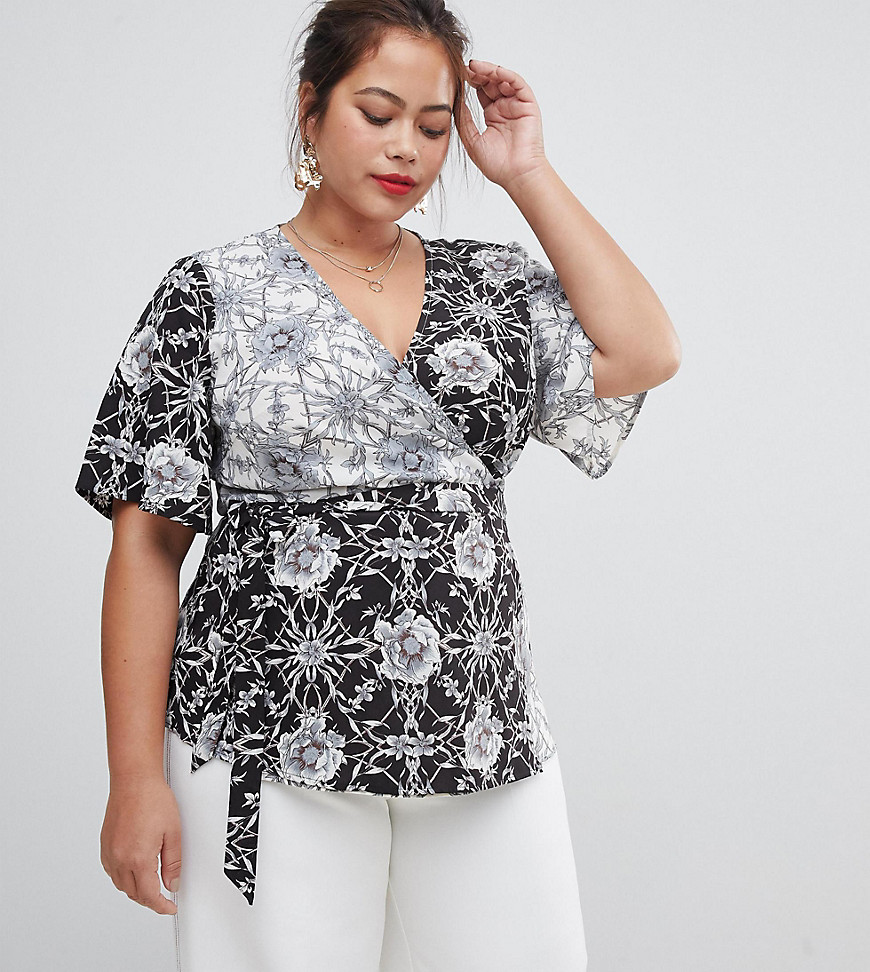 Lovedrobe contrast wrap front blouse in multi print