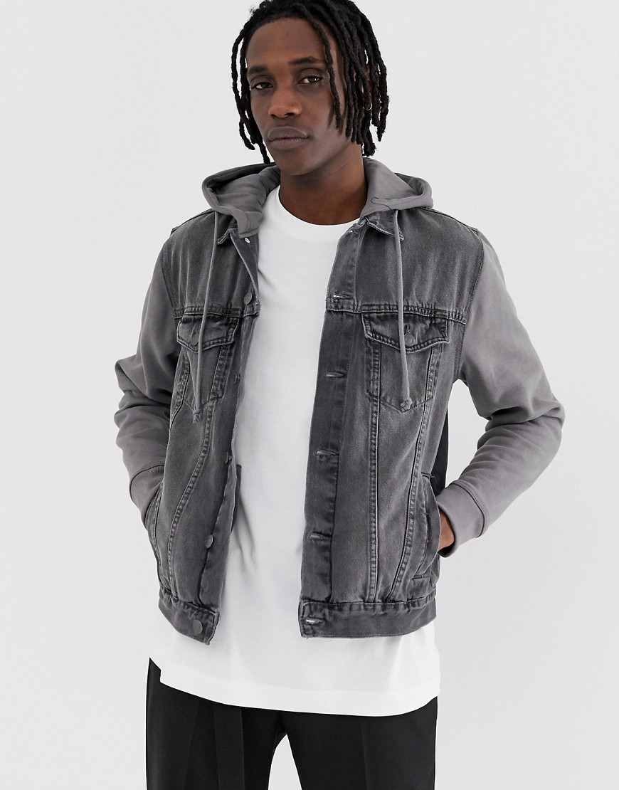 New Look Denim Jacket With Jersey Sleeves In Gray Wash | ModeSens