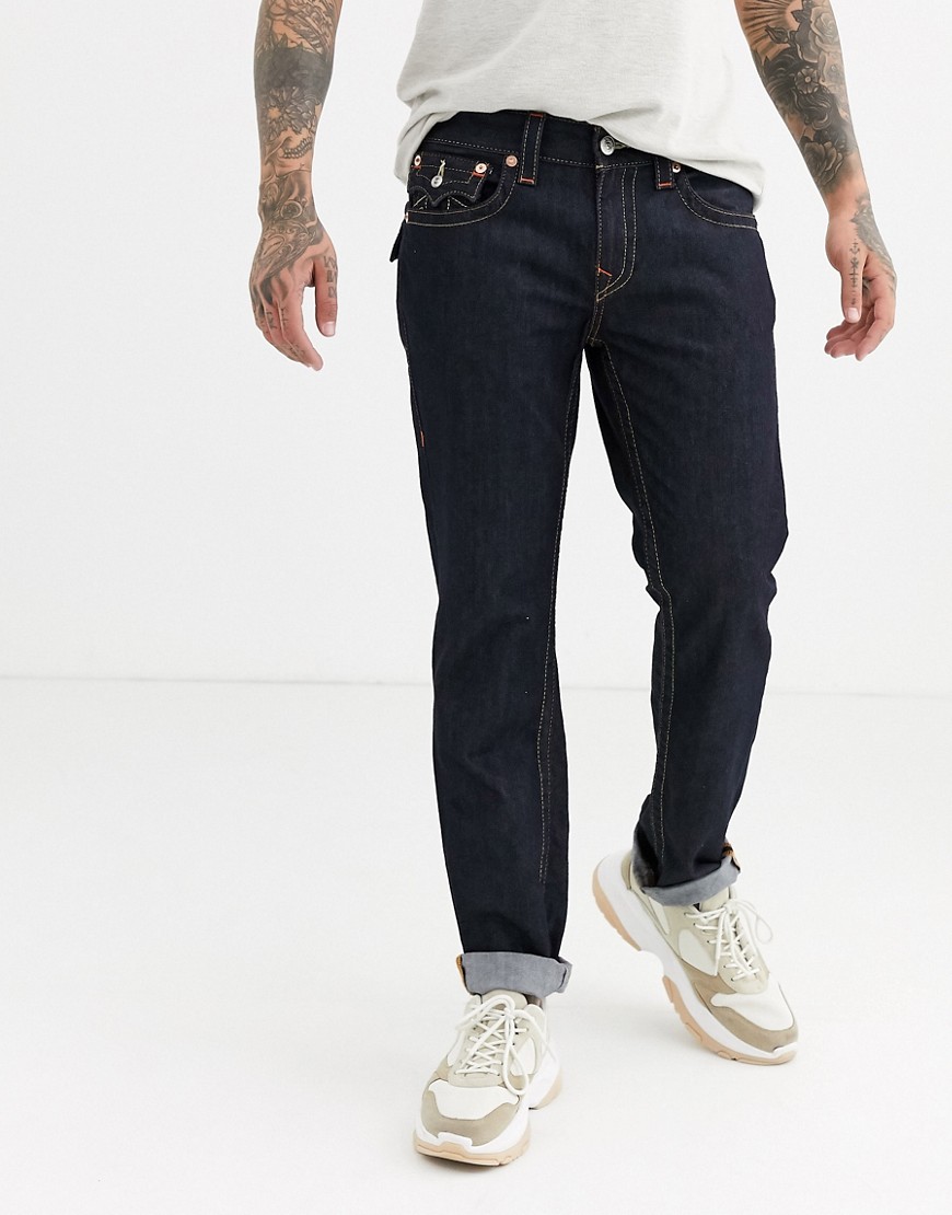 True Religion rocco slim jean with back pocket flap and stitch detail in rinse wash