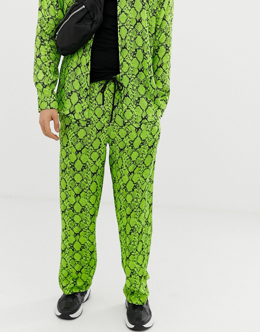 Jaded London satin trousers in neon green snakeskin