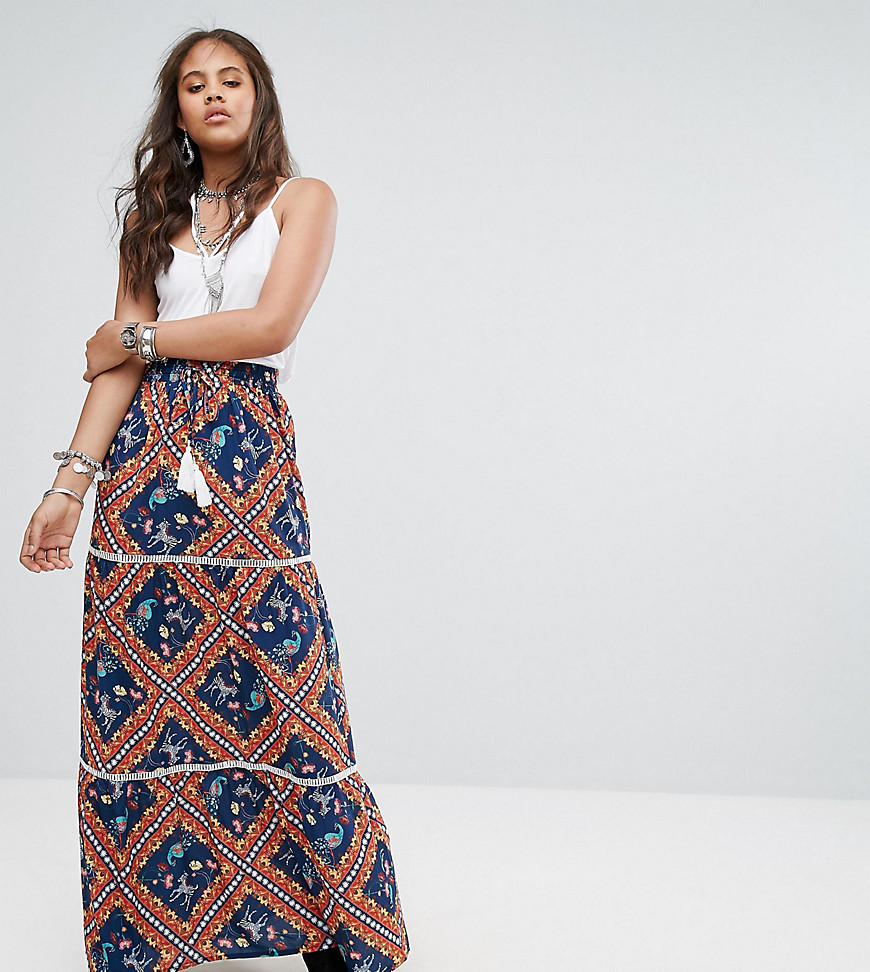 Kiss The Sky Tall Festival Maxi Skirt With Tassel Ties In Tiger Tile Print - Multi