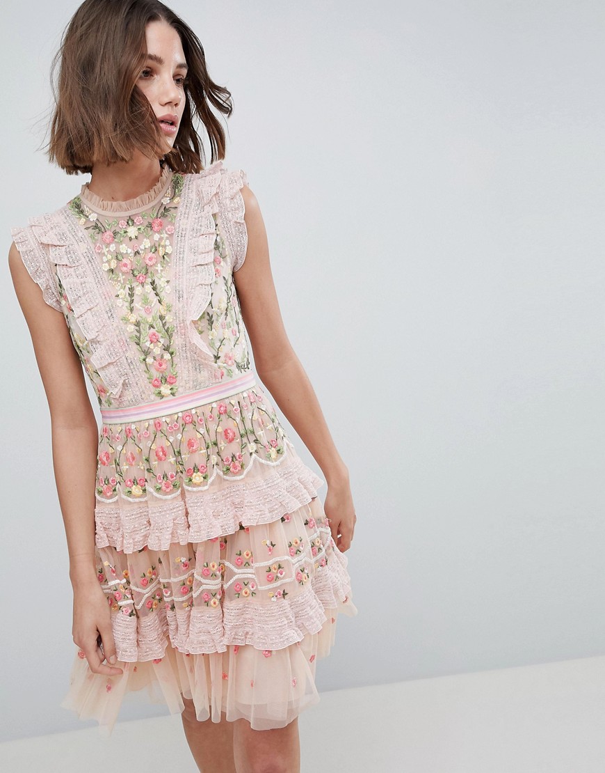 Needle & Thread High Neck Layered Mini Dress With Embroidery