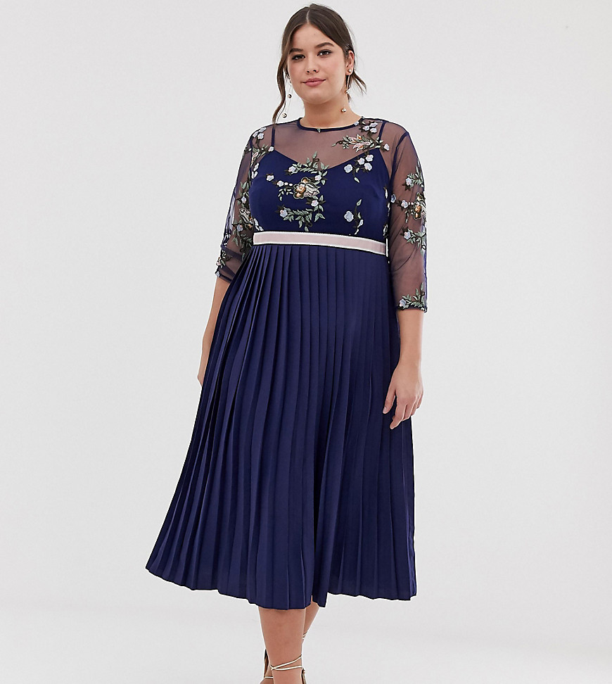 Little Mistress Plus embroidered top midi dress in navy