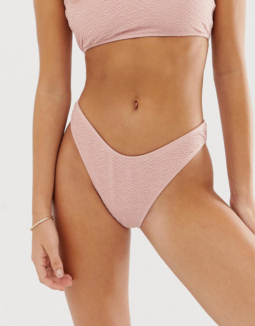Boohoo exclusive crinkle high leg bikini bottom in light pink
