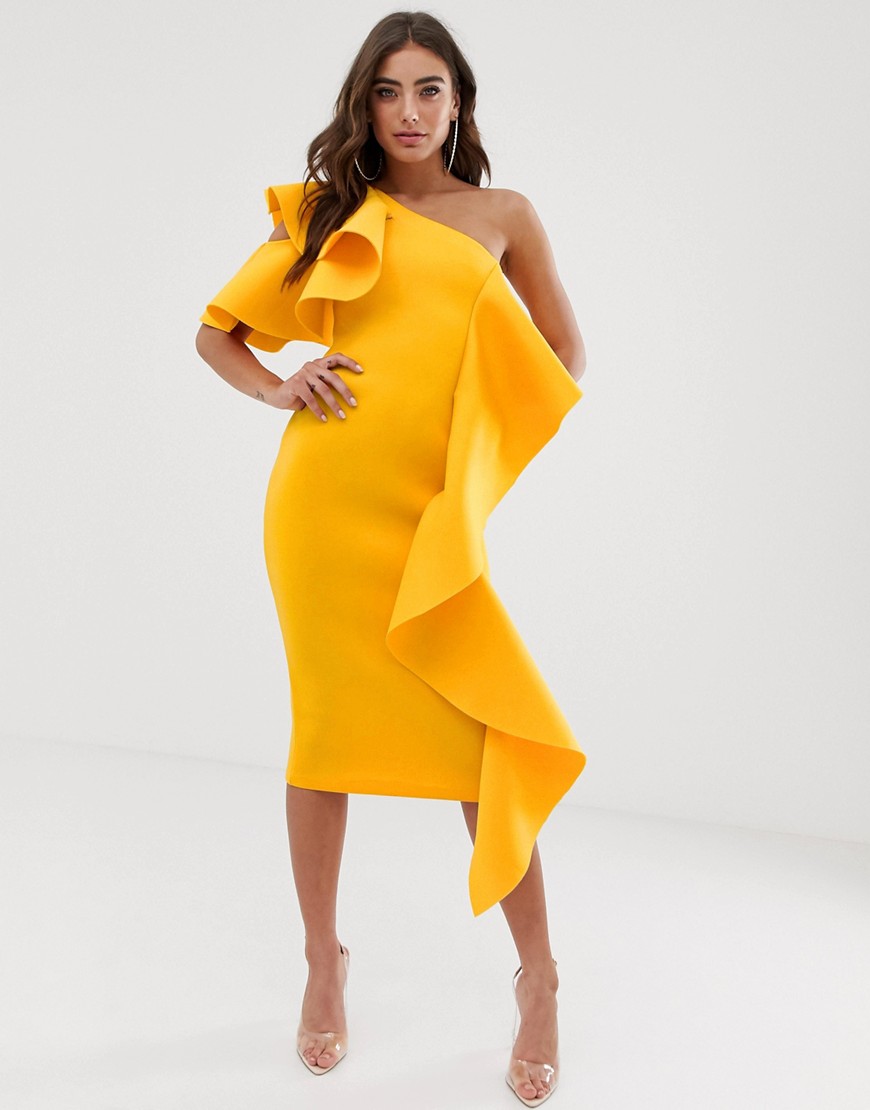 Lavish Alice one shoulder scuba midi dress with frill detail in golden yellow