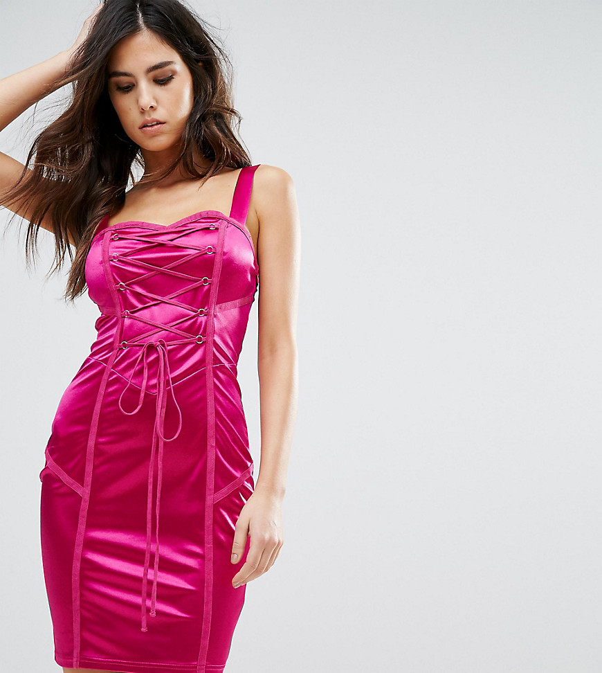 NaaNaa Structured Satin Bodycon Dress With Corset Lace Up - Fuschia