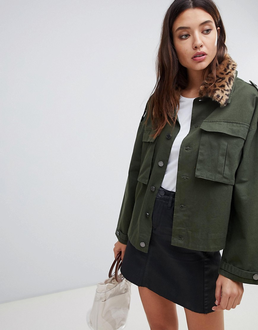 Blank NYC utility jacket with leopard print collar