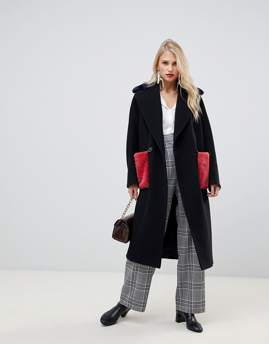 Helene Berman double breasted coat with contrast faux fur pockets