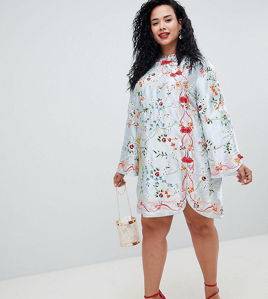 ASOS DESIGN Curve embroidered mini column dress with flared sleeve