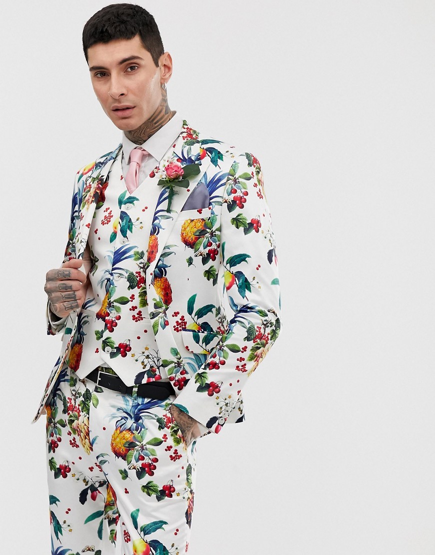 ASOS DESIGN wedding super skinny suit jacket with all over fruit floral print