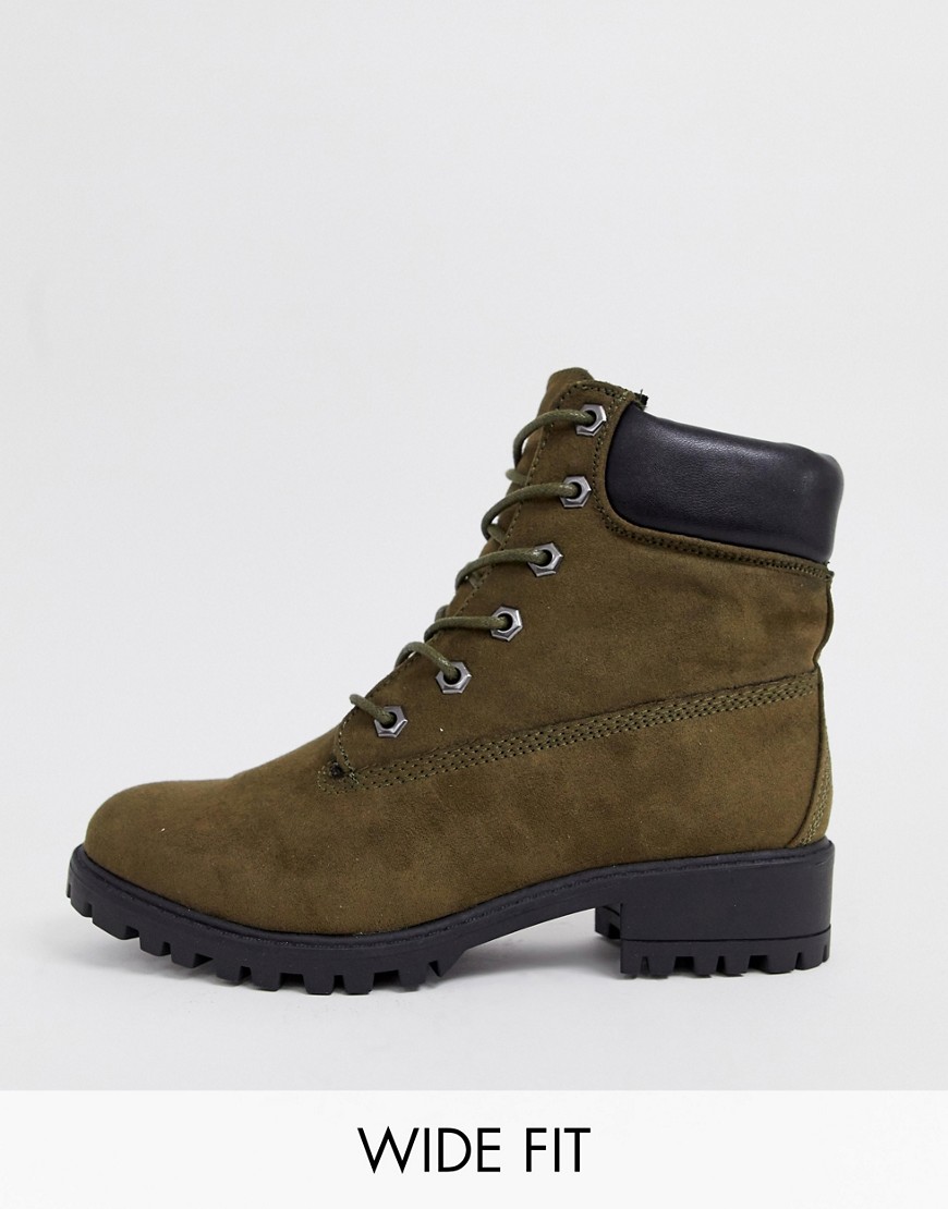 New Look wide fit lace up flat hiker boot in dark khaki
