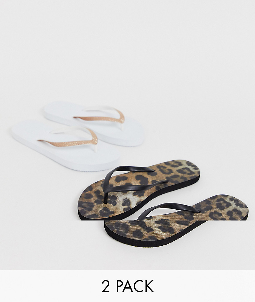 Truffle Collection 2 pack flip flops in leopard and white