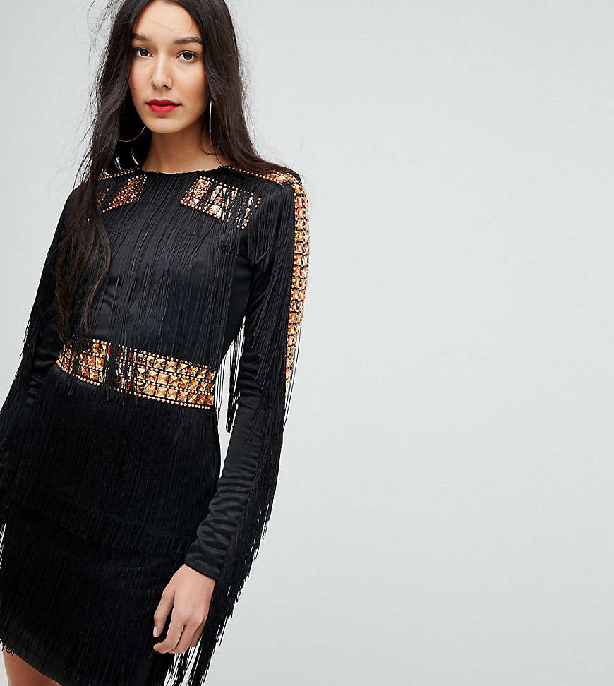 A Star Is Born Tall Mini Dress In Jersey With Embellished Studs And Fringing - Black