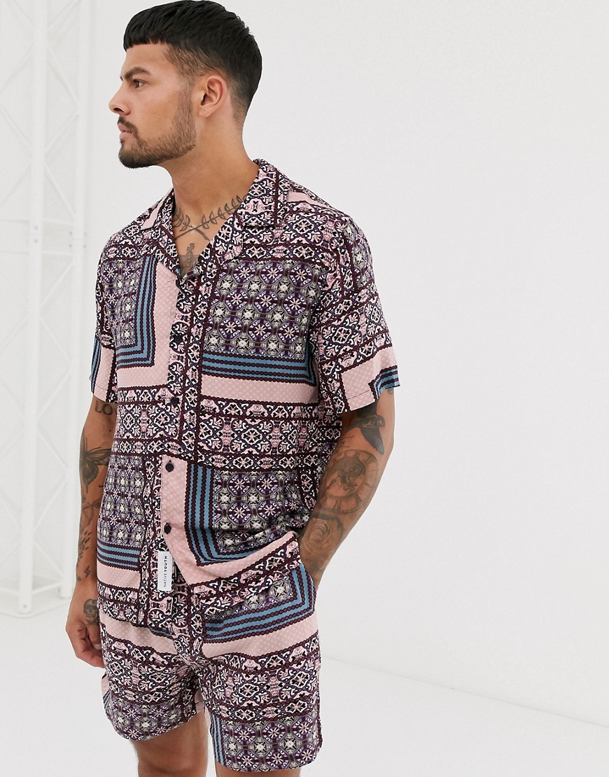 Native Youth CO-ORD short sleeve shirt with patchwork geo print in purple