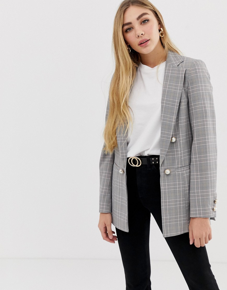 Miss Selfridge pearl button double breasted blazer in check